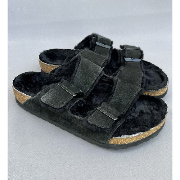 Birkenstock Arizona Shearling Suede Leather Black Sandals 6 Men / 8 Women 39EU main image 6